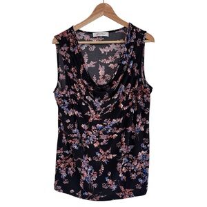 Kasper Women’s 1X Floral Cowl Neck Black With Pink And Blue Flowers Tank Top
